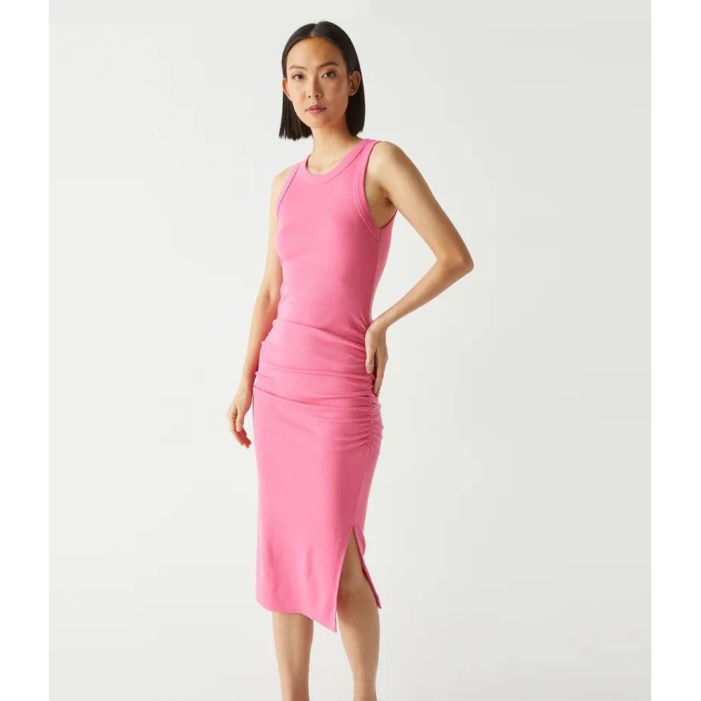 Michael Stars Wren Ruched Midi Dress Flamingo Pink Ultra Rib Sleeveless NWT M